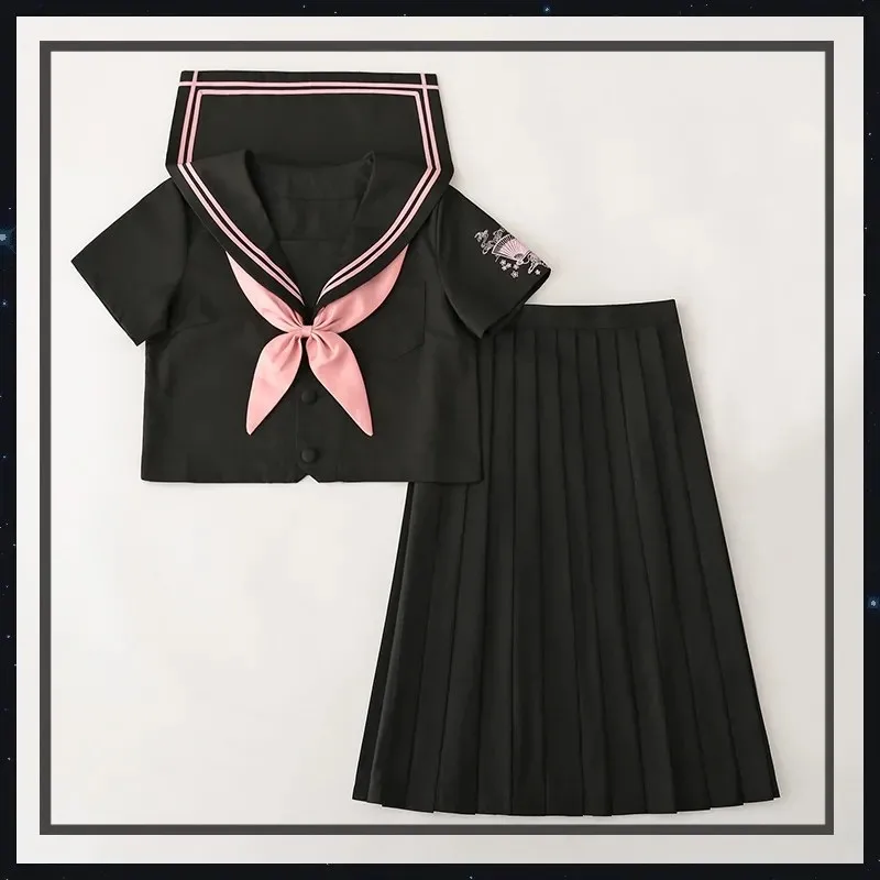 Cute Pink Sailor Suit Long Sleeve JK School Uniform Sets For Girls Black Shirt And Pleated Skirt Bowtie Suits Student Cosplay