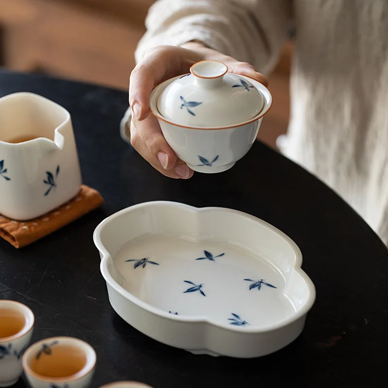 Pure Hand-painted Butterfly Orchid Art Pot Bearing Household Ceramic Handmade Teapot Base Creative Kung Fu Tea Set Dry Tea Tray