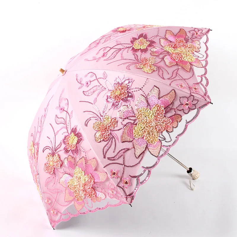 Ladies Sun Umbrella Rain Woman Lace Clear Folding Umbrella Windproof Embroidery Cloth Parasol Black Coating Parapluie Gift