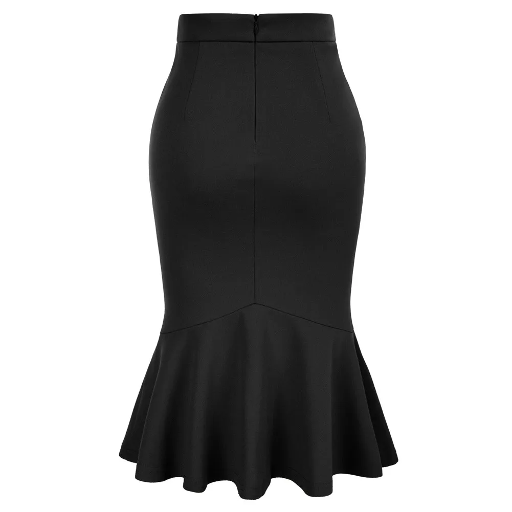 Women Vintage Mermaid Skirt High Waist Shirred Details Bodycon Skirt Solid Workwear Office Lady Pencil Sheath Skirts Lady New