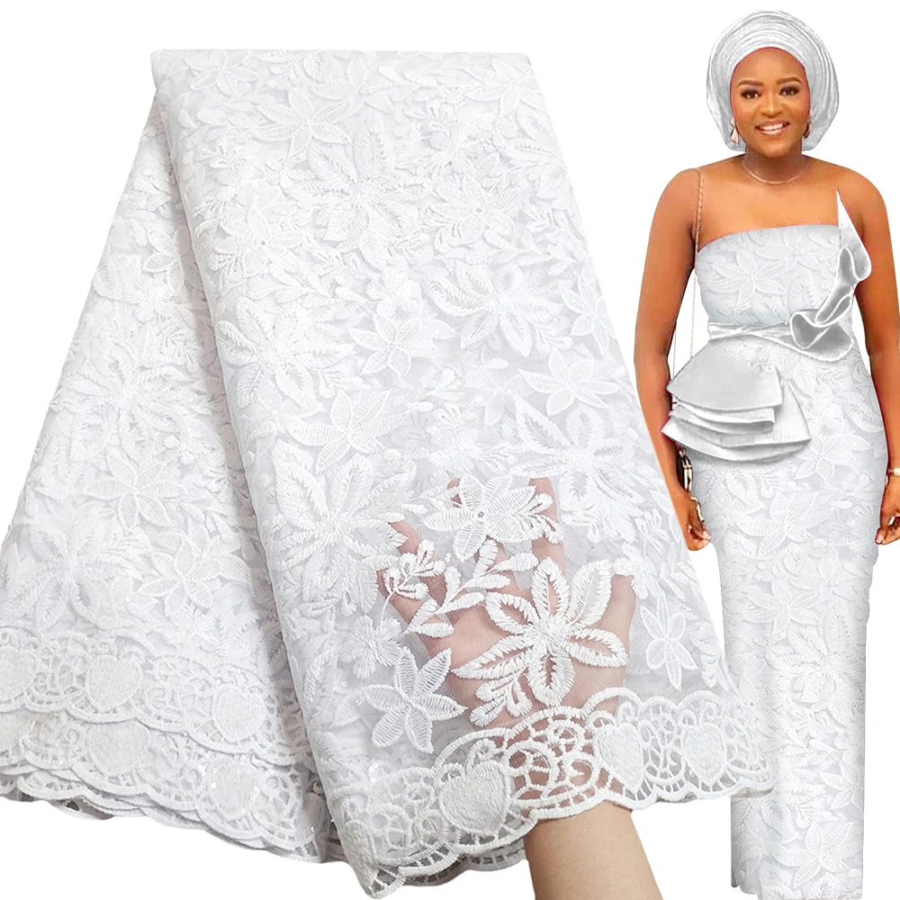 Bestway Elegant White African Lace Fabric 5 Yards High Quality Nigerian Wedding Asoebi Dress Material Sequins French Tulle Laces