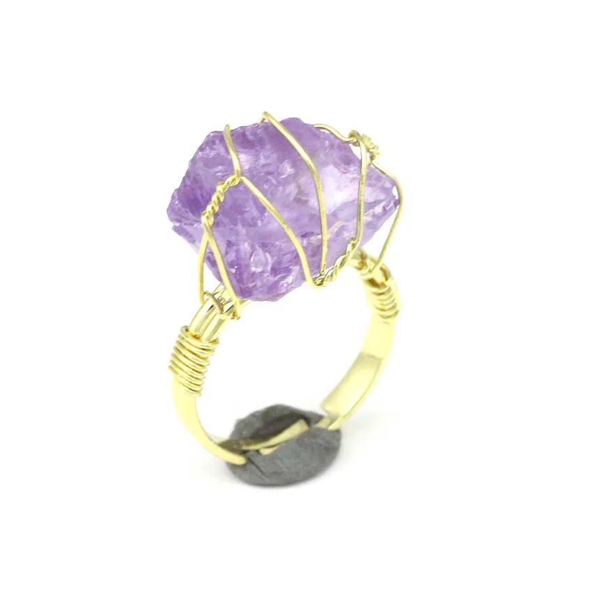 KFT Natural Stone Irregular Wire Wrap Women Rings Healing Purple Crystal Fluorite Gold-color Resizable Fashion Finger Ring