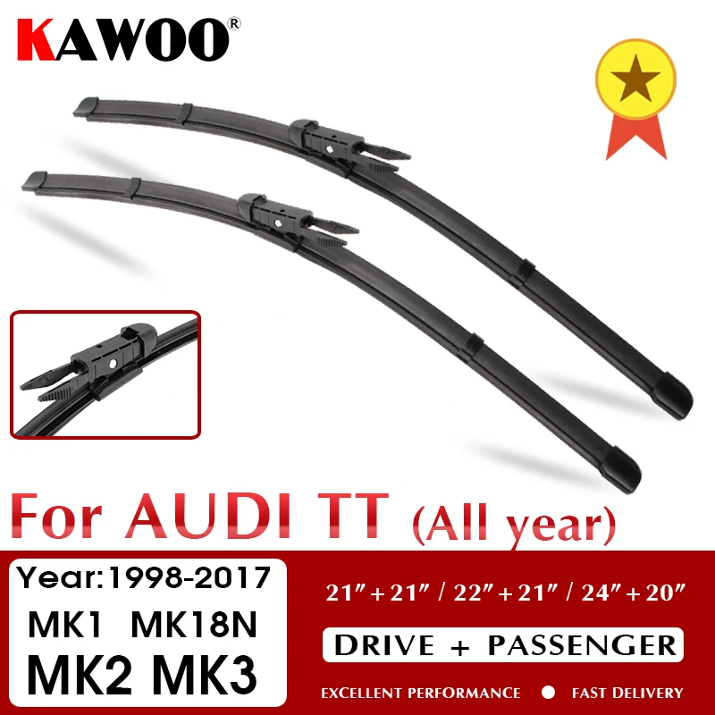 KAWOO Wiper For Audi TT MK1 MK2 MK3 8N 1998 - 2020 Car Wiper Blades Natural Rubber Fit U Hook/Side Pin/Pinch Tab/Push Button Arm