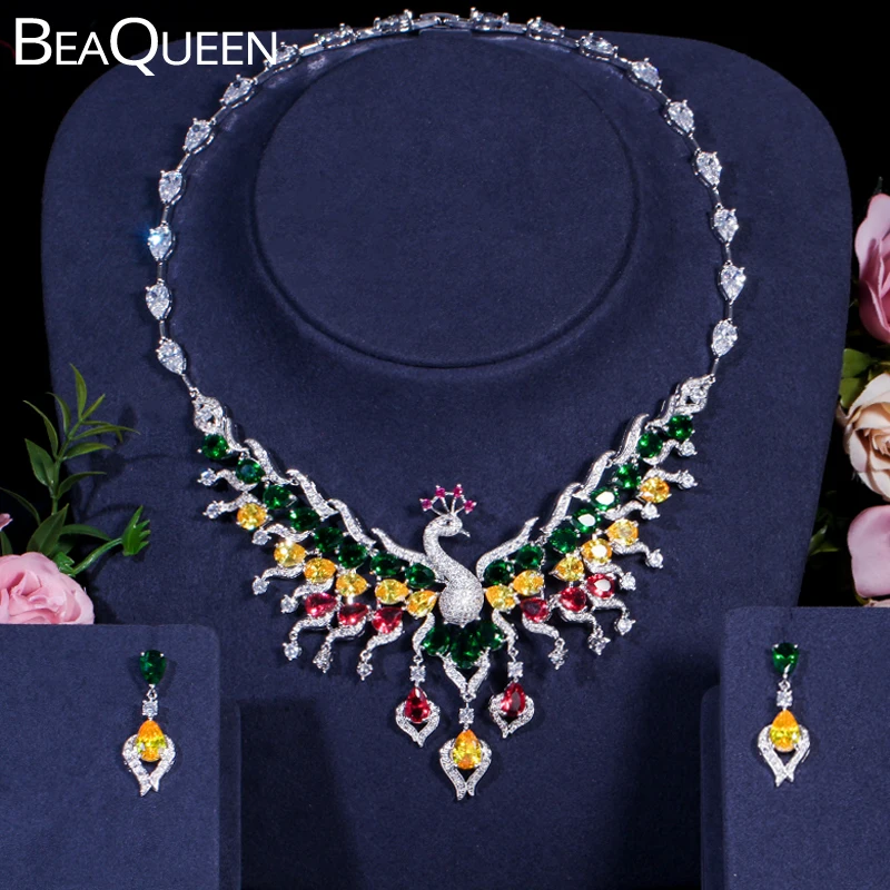 BeaQueen Luxury Multicolor Cubic Zirconia Big Peacock Bohemian Wedding Bridal Costume Jewelry Accessories Sets for Women JS168