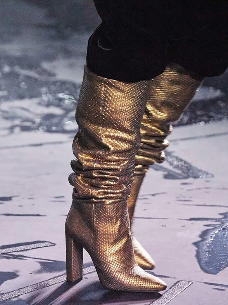 Gold Color Snake Skin Long Boots Zipper fashion show  Pointed Toe Shoes Square High Heels Knee High Boots