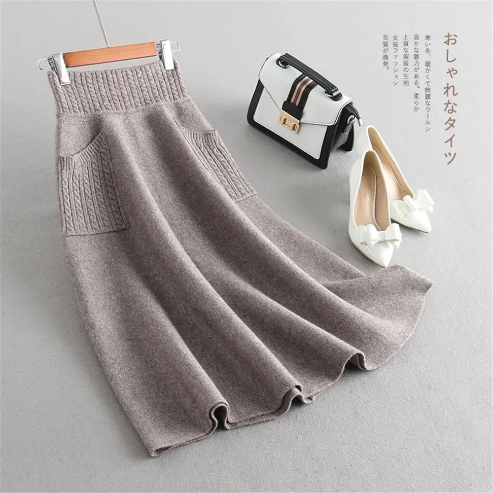 

Vintage Autumn Winter Wool Knitting Long Skirts Women High Waist With Pocket Loose Female Solid Knit Mid-Calf Skirt Streetwear