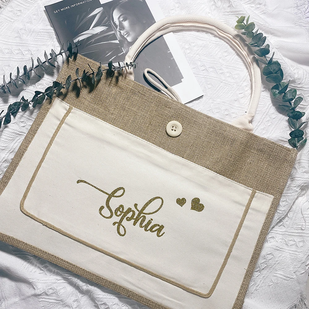 Bolso de mano de algodón de yute personalizado para mujer, bolsa grande de arpillera para compras, regalo de boda para invitados, regalos de dama de