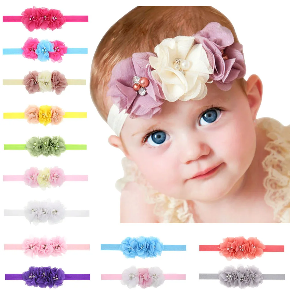 baby headband flower headwear Pearl Diamond Chiffon Flowers accessory baby headbands elastic hair band girls hair accessories