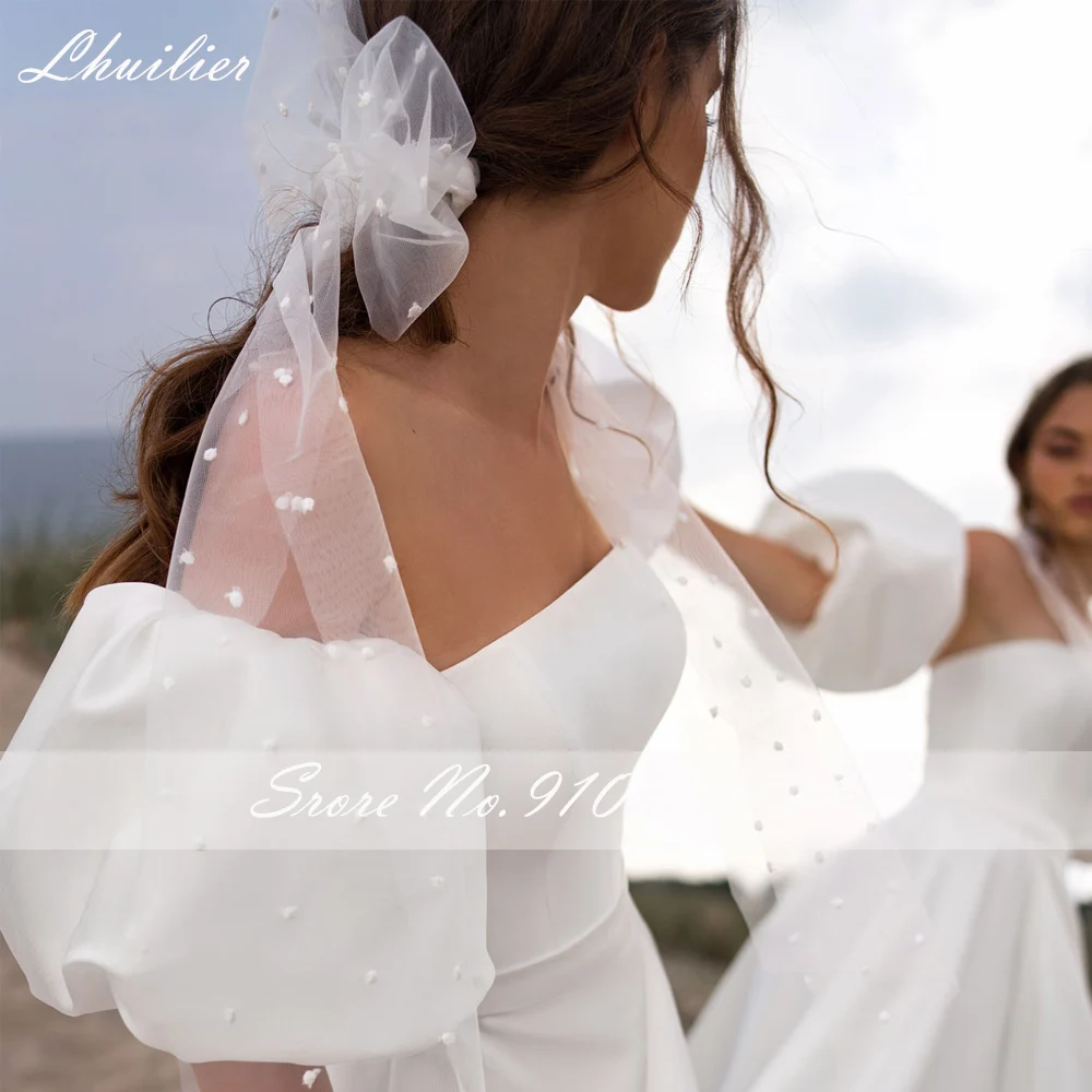 Lhuilier-Vestido de novia de satén sin tirantes, Simple, con mangas abullonadas, corte A, con abertura alta