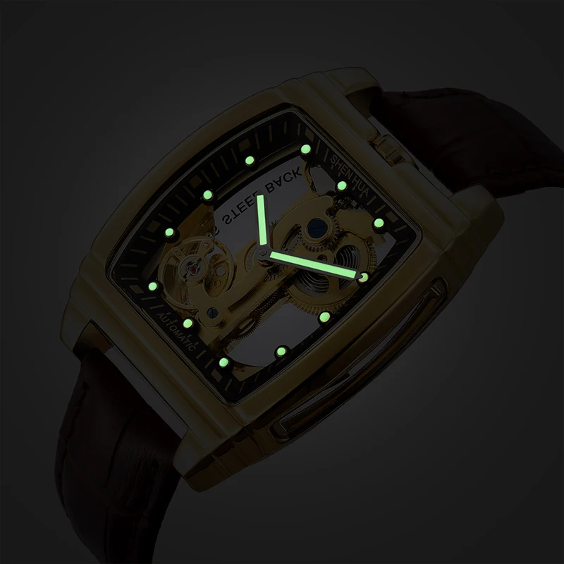 SHENHUA Transparent Automatic Mechanical Watches Fashion Male Steampunk Skeleton Luxury Dial Turbillon Self-Wind Mens Watches