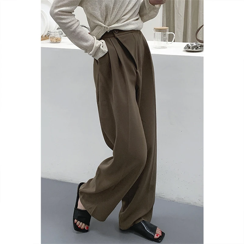 8133 Fall Women New Straight Pants Drape High Waist Irregular Button Chic All-Match Temperament Office Lady Long Suit Trousers