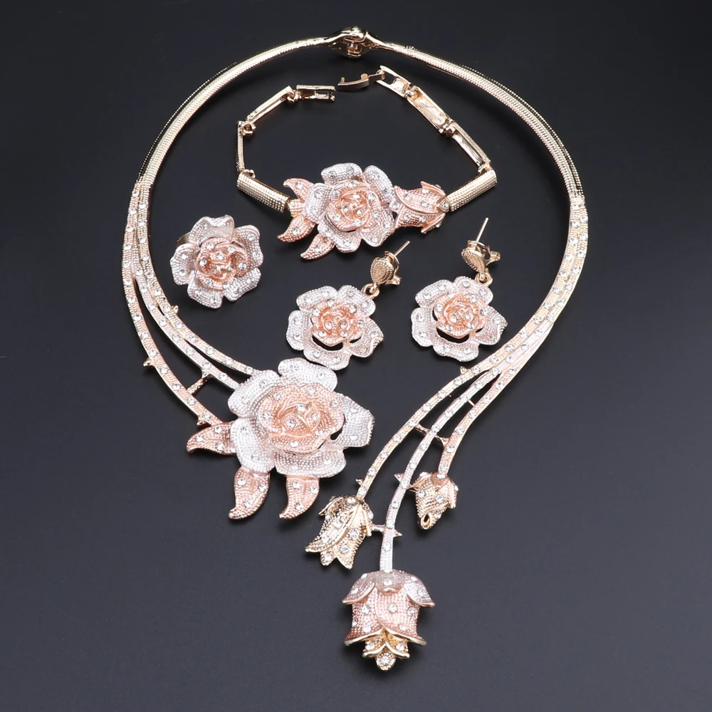 Nigeria Classic Jewelry Sets Elegant Bride Wedding Flower Shape Necklace Earrings Bracelet Ring Set for Dubai Women