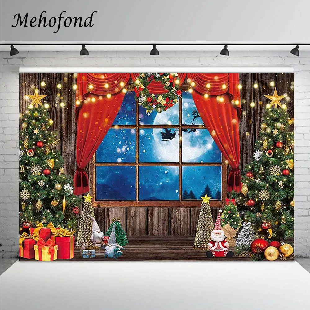 

Mehofond Xmas Photography Background Christmas Tree Red Curtain Window Moon Santa Claus Reindeer Baby Portrait Photo Backdrop