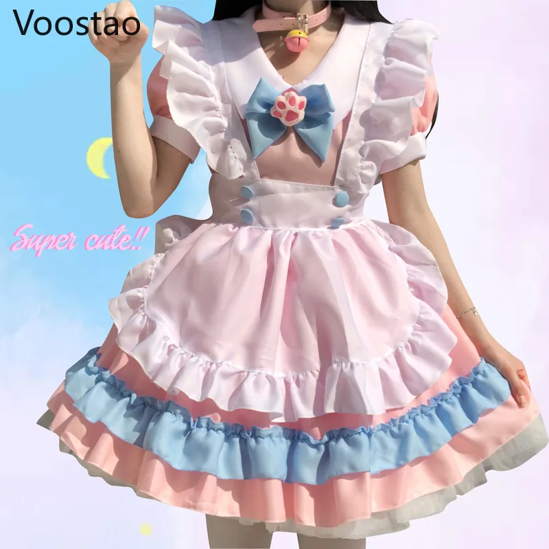 Vestito dolce giapponese Lolita vestito da donna carino rosa blu increspature di pizzo fiocco di zampa di gatto vestito Lolita ragazza Kawaii vestito da cameriera da festa 4XL