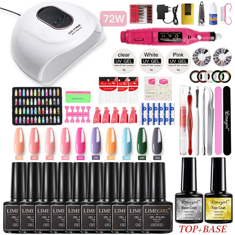 Set Manicure Kit per unghie 72W//54W lampada a led UV con Set di smalti per Gel 16 pezzi Kit di strumenti per Manicure elettrico per trapano per unghie Kit di estensione per unghie