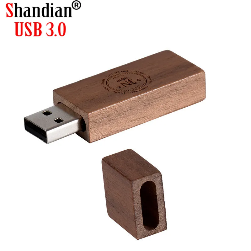 SHANDIAN-unidad flash usb de madera UBS 3,0, pendrive con caja, 4GB, 16GB, 32GB, 64GB, disco U, tarjeta de memoria, logotipo personalizado gratis, 1 unidad