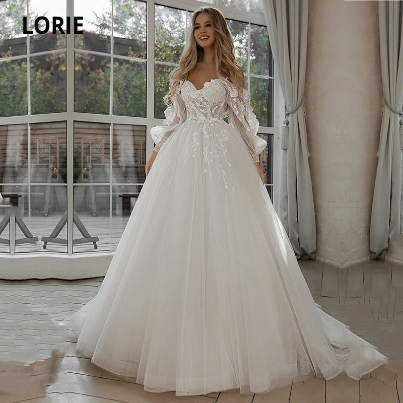 LORIE Glitter Wedding Dresses Puff Sleeve Appliques Lace 3D Flowers off Shoulder Tulle Boho Bride Gown 2024 vestidos de novia