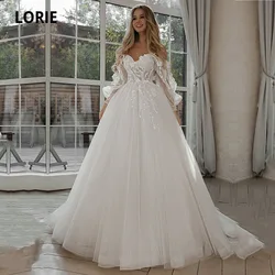 LORIE Glitter Wedding Dresses Puff Sleeve Appliques Lace 3D Flower off Shoulder Tulle Boho Bride Gown Customized vestidosdenovia