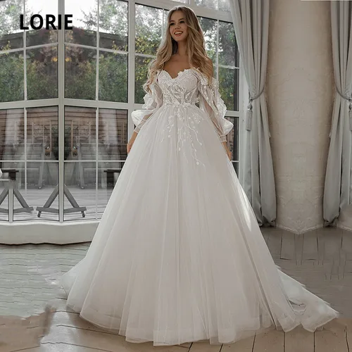 LORIE-vestidos de novia con purpurina, manga abombada, apliques de encaje, flor 3D, hombros descubiertos, tul, vestido de novia bohemio, vestidos personalizados