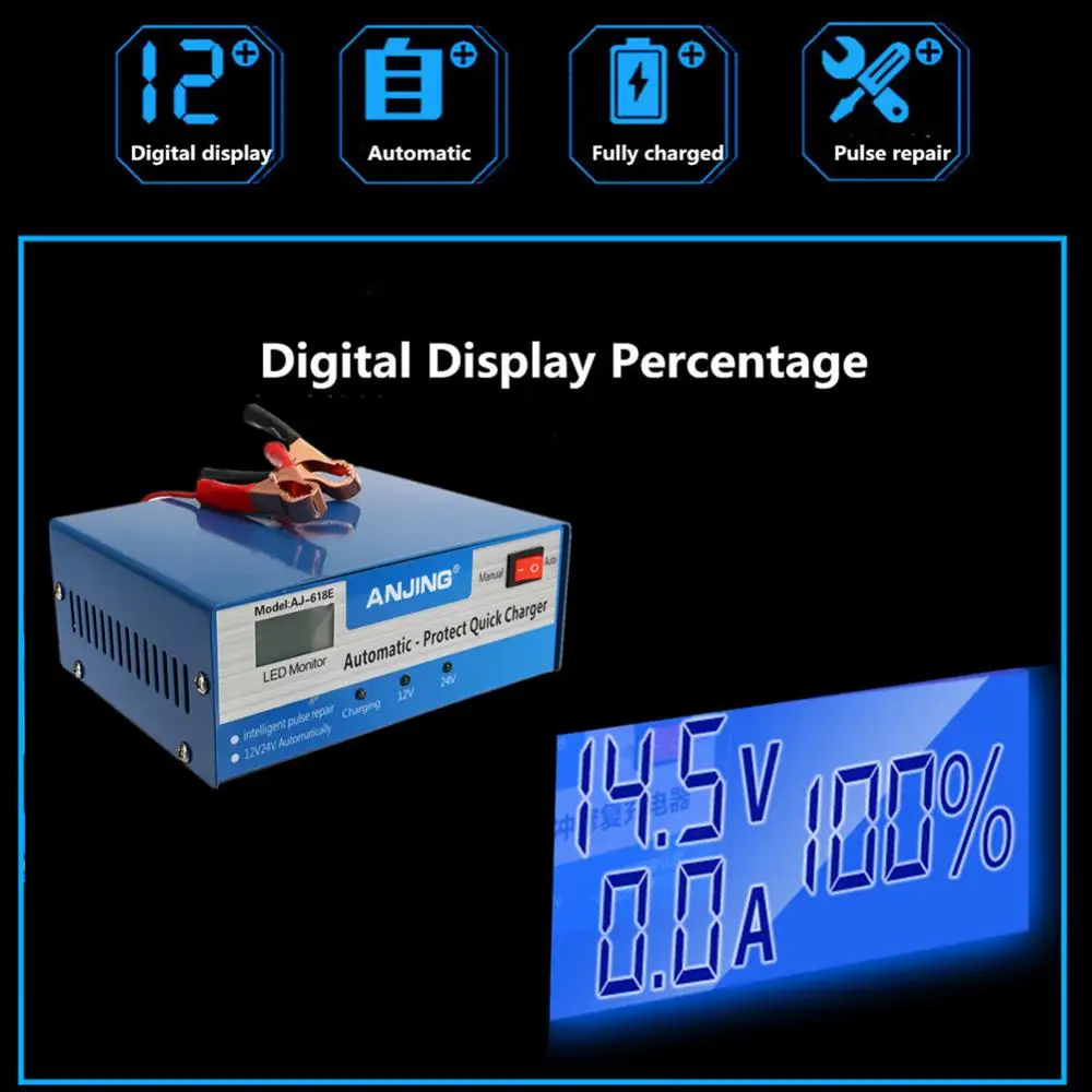 50% HOT SALES！！！12/24V Automatic Intelligent Pulse Repair Car Motorcycle Power Battery Charger