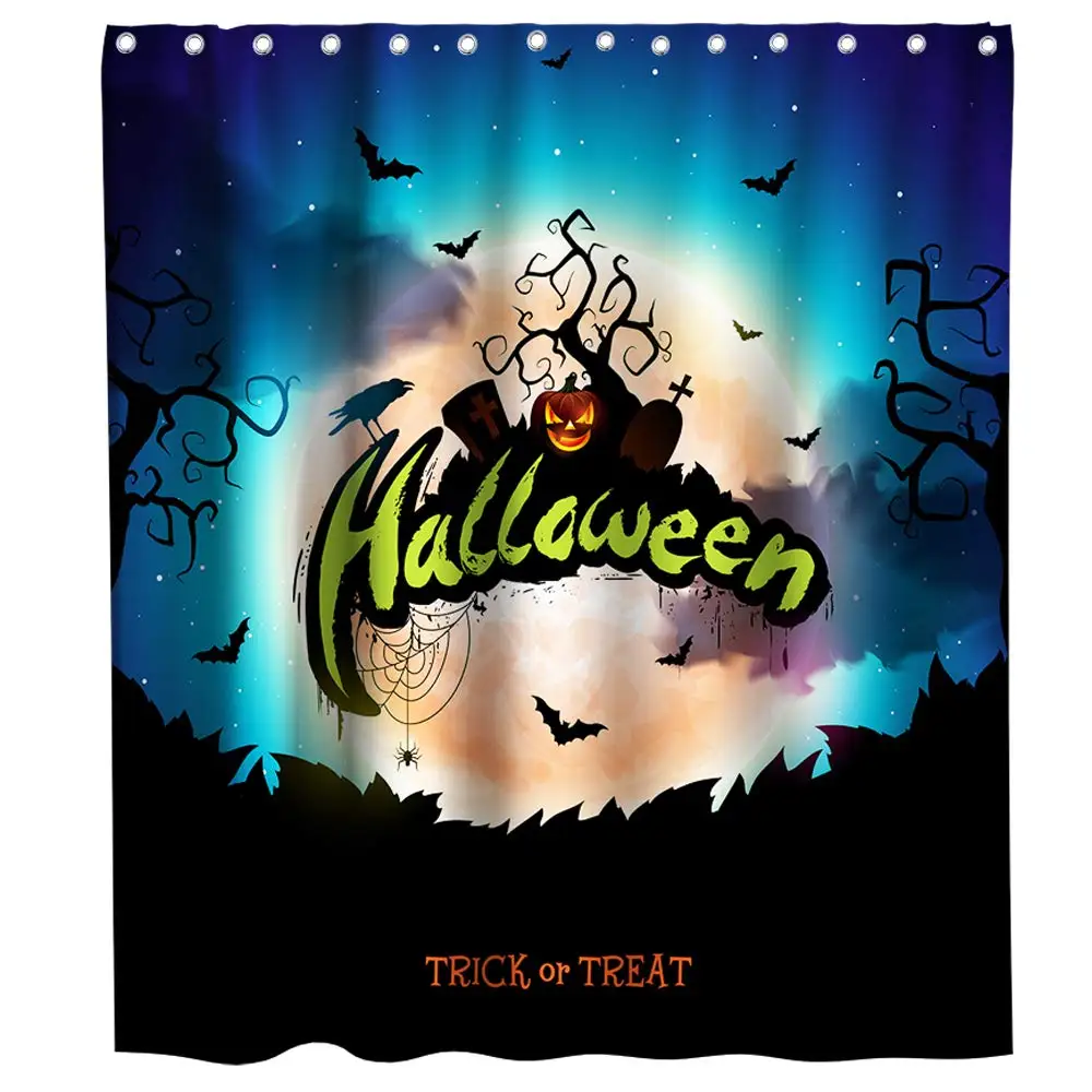 Halloween Moon Night Theme Fabric Shower Curtain Sets Green Orange and Blue