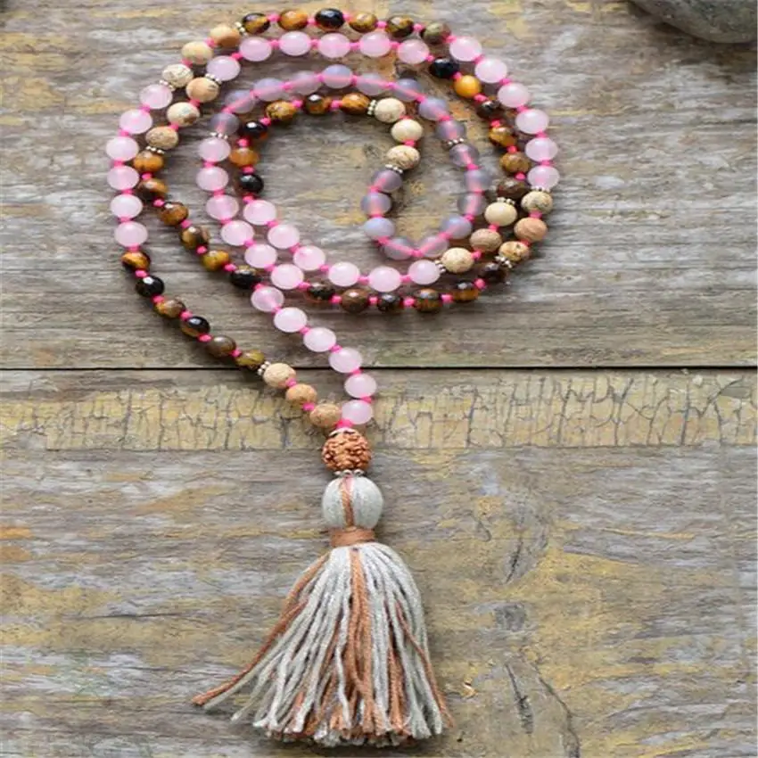 

6mm Pink crystal tiger's-eye Gemstone 108 Beads Mala Necklace Reiki Stress Buddhism Buddhist energy cuff Lucky Wrist MONK chain