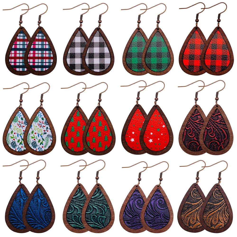 Vintage Waterdrop Cork Leather Earrings For Women Bohemian Fashion Star Plaid Print Female Wooden Jewelry Christmas Gift