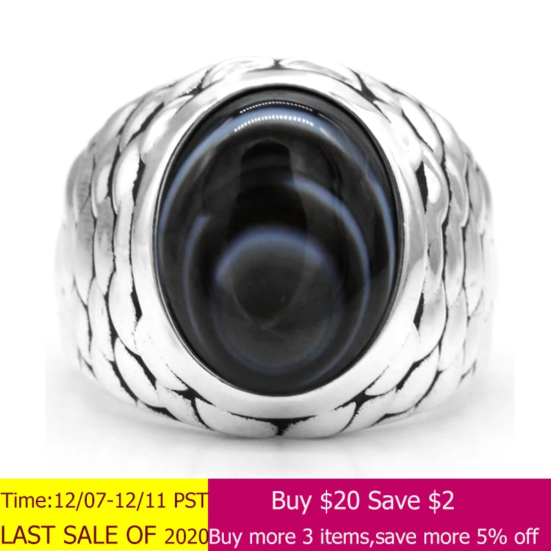 

Male Ring 925 Sterling Silver's Men Ring Natural Eye Black Agate Stone Punk Vintage Ring For Men Party Jewelry Fine Jewelry Gift