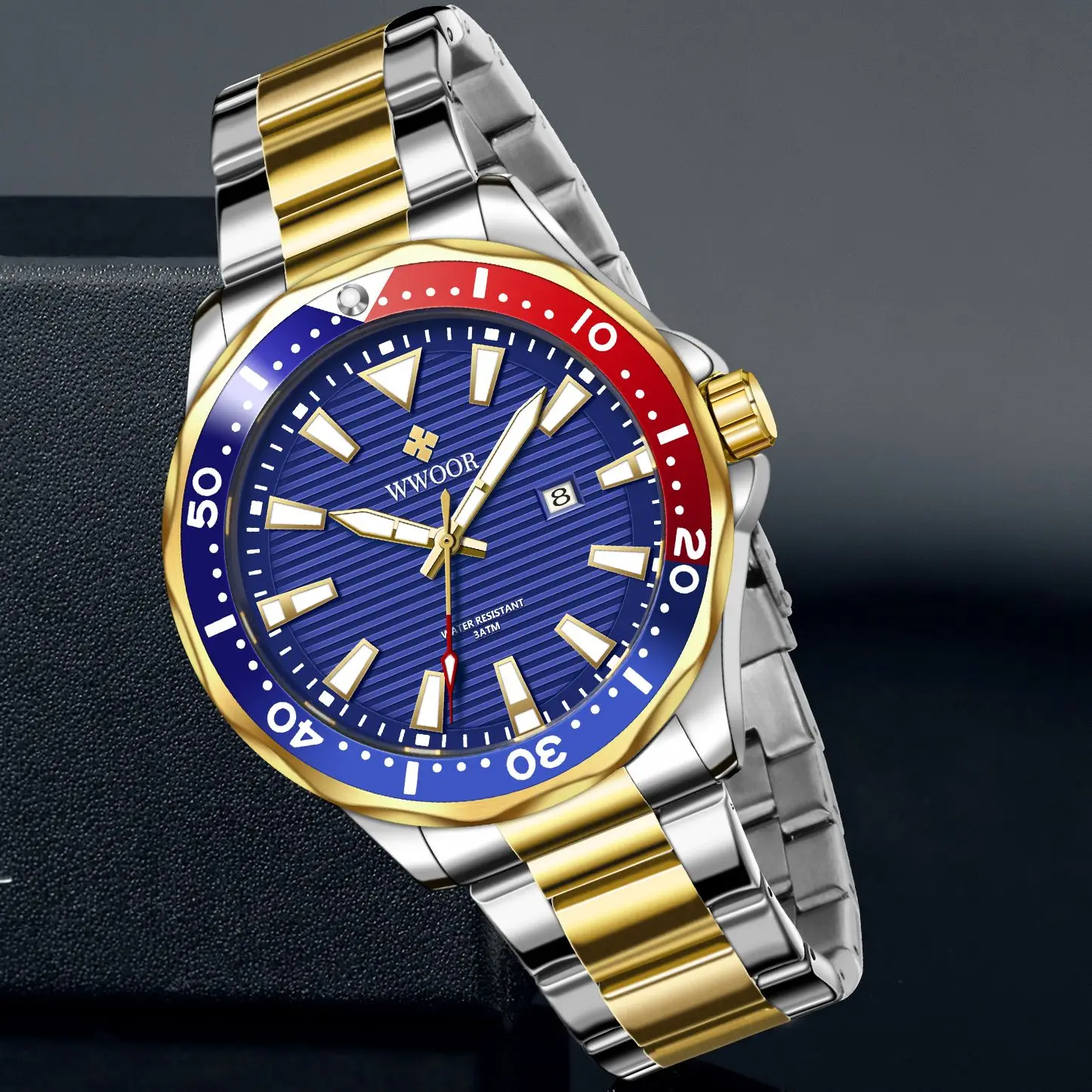 WWOOR 2024 New Luxury Gold Blue Fashion Steel Watch Men Sport Quartz Luminous Waterproof Military Wristwatches Relogio Masculino