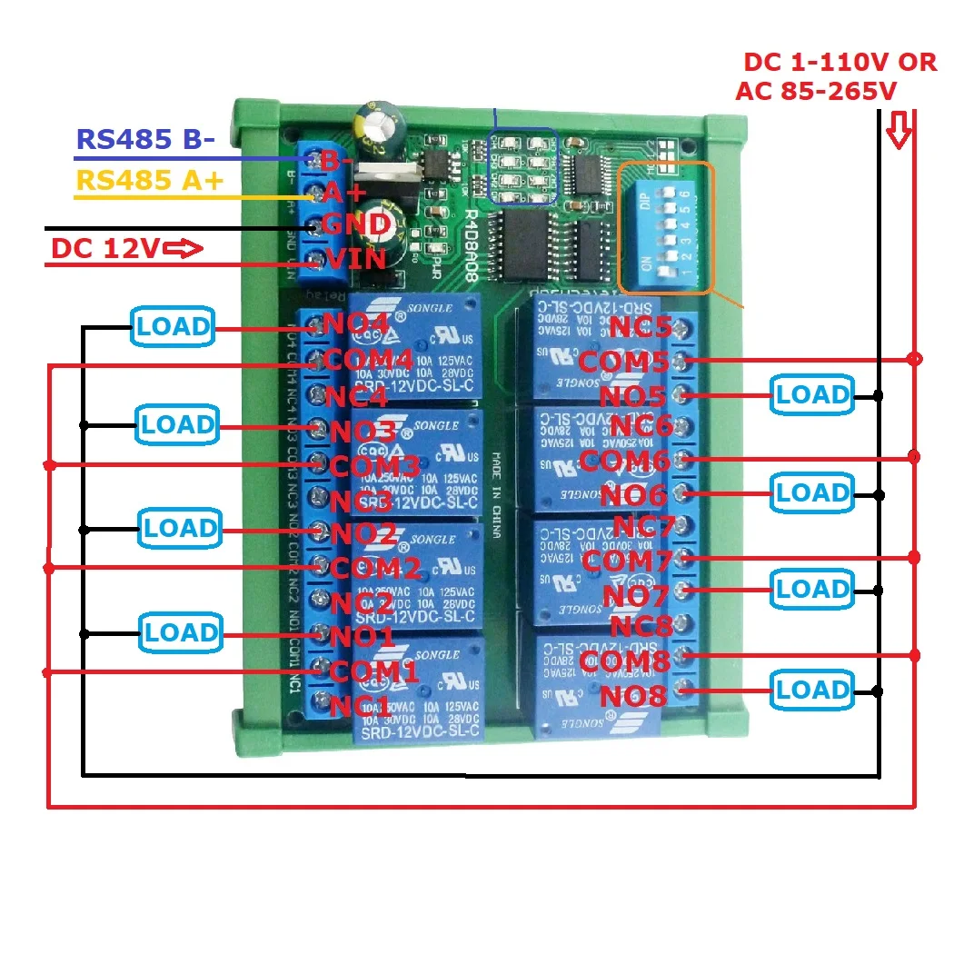 DC 12V 8-kanałowa płytka przekaźnika RS485 Modbus RTU UART Przełącznik zdalnego sterowania DIN35 Rail Box do sterowania automatyką PLC — zdjęcie 3