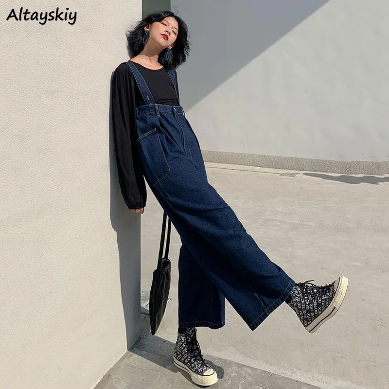 Cargo Jumpsuits Women High Waist Straight Solid Loose Retro Hong Kong Style Wide Leg Students Ulzzang Denim Trousers Bottom Chic