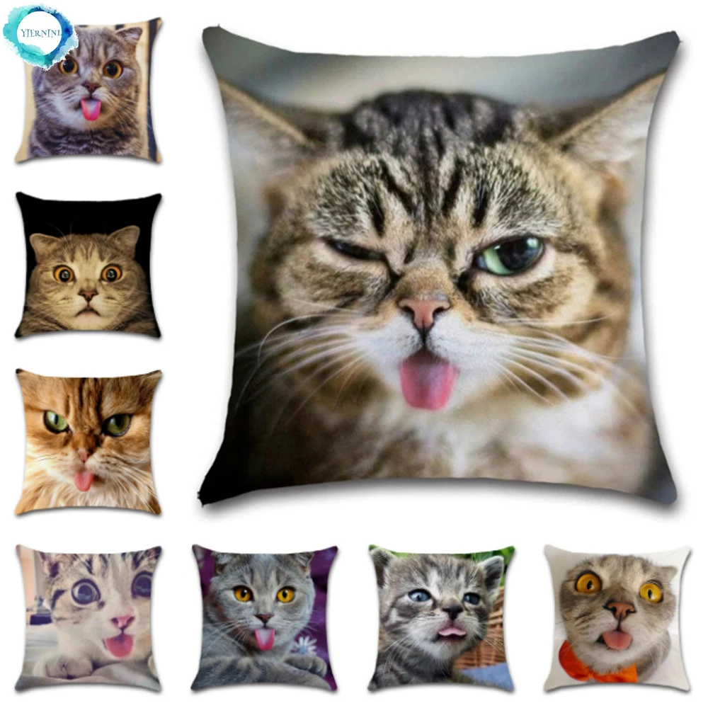 Aniamls Pet Cat with Tongue Out Decor Cushion Cover Kitty Polyester Throw Pillow Cover Decorative for Home Sofa Seat Bedroom