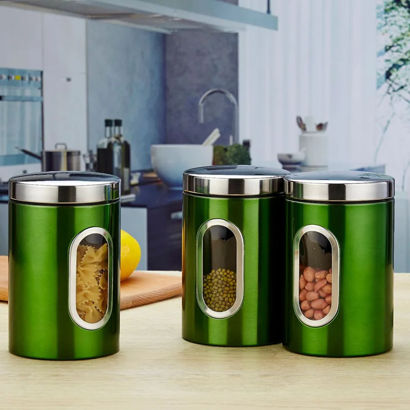1/3 Buah Toples Penyimpanan Dapur dengan Tutup Alat Penyimpanan Dapur Kaleng Penyimpanan Gula Kopi Teh Toples Pot Kaleng Kontainer Dapur