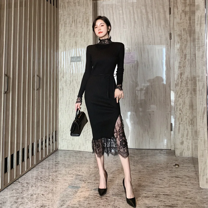 

Spring Elegant Lace Patchwork Dress Women Turtleneck Long Sleeve Knitting Dress Bandage Bodycon Vintage Sexy Dresses Vestidos