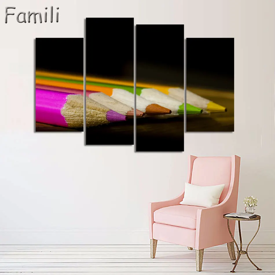 4 Panels Colourful feathers color pen fresh look modern flower painting wall art decorative image painting on canvas prints