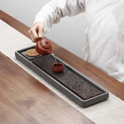Basalt Tea Tray 60x15cm Detachable Natural Volcanic Stone Hand Carved Dragon Dry Brew Drain Kung Fu Tea Home Decor Festival Gift