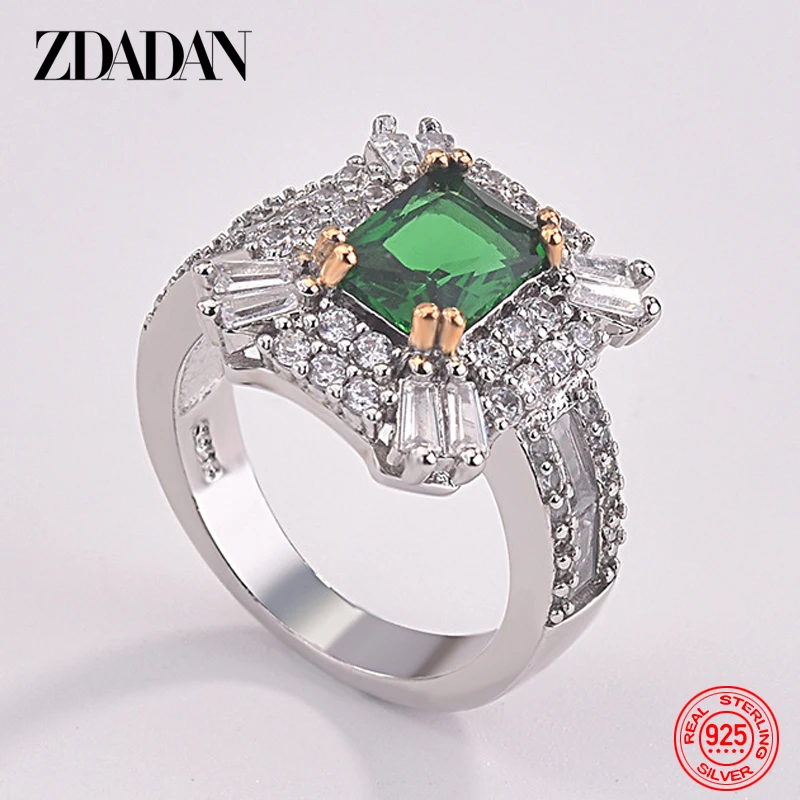 ZDADAN 925 Sterling Silver Emerald Zircon Ring For Women Charm Wedding Jewelry Party Gift