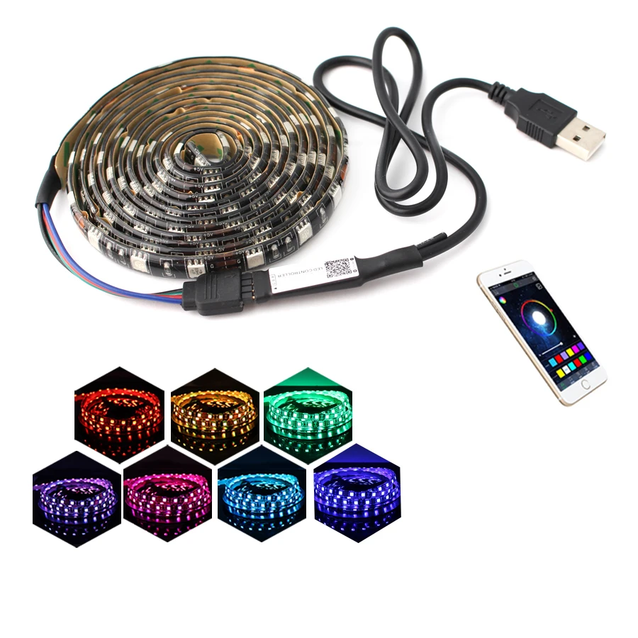 Tira de luces LED RGB de 5 V, cinta de 5m, resistente al agua, 5050, controlador compatible con Bluetooth, 5 V, neón, 50CM