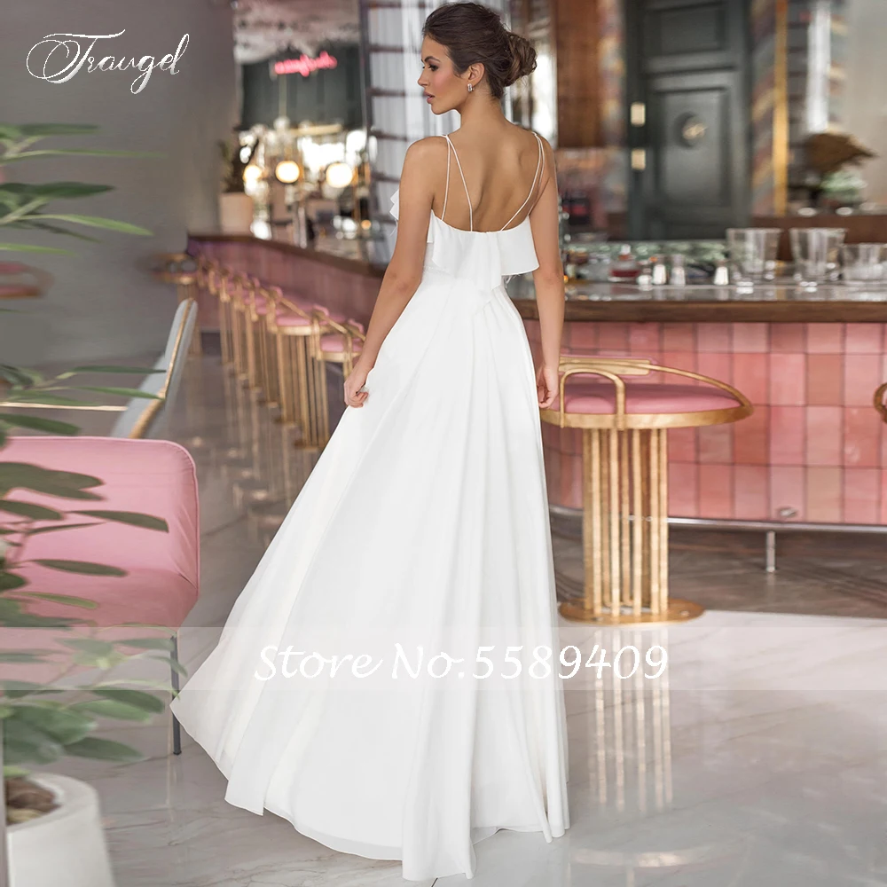 Traugel-vestido de noiva longo de praia e casamento, elegante, com alça espaguete, sem costas, chega até o chão