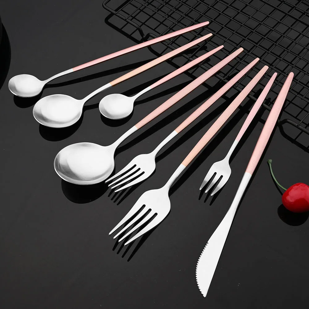 Pink Gold Western Tableware Dinner Knife Fork Spoon Teaspoon Flatware Cutlery Set Stainless Steel Home Dinner Dinnerware Set