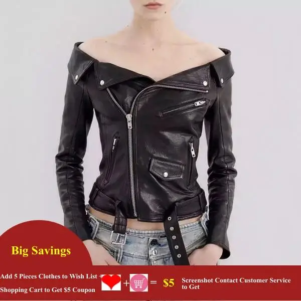 Women Faux Leather PU Jacket Autumn Sexy Slash Neck Biker Motorcycle Casual Zipper Party Short Belted Basic Punk Jacket E6294