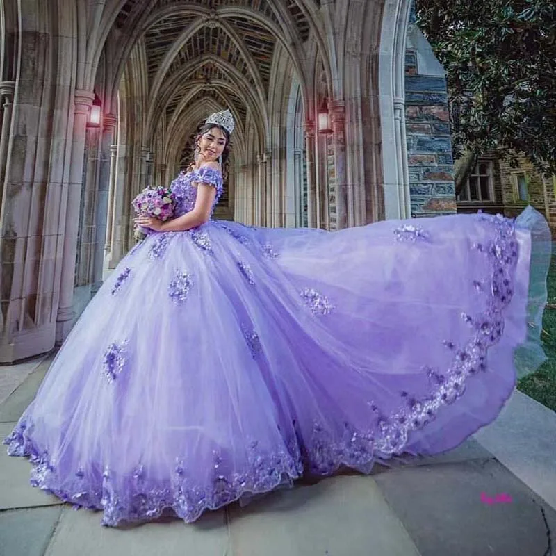 Vestido de quinceañera lila de 15 años, Ropa de baile de graduación, con hombros descubiertos y abalorios, 2021