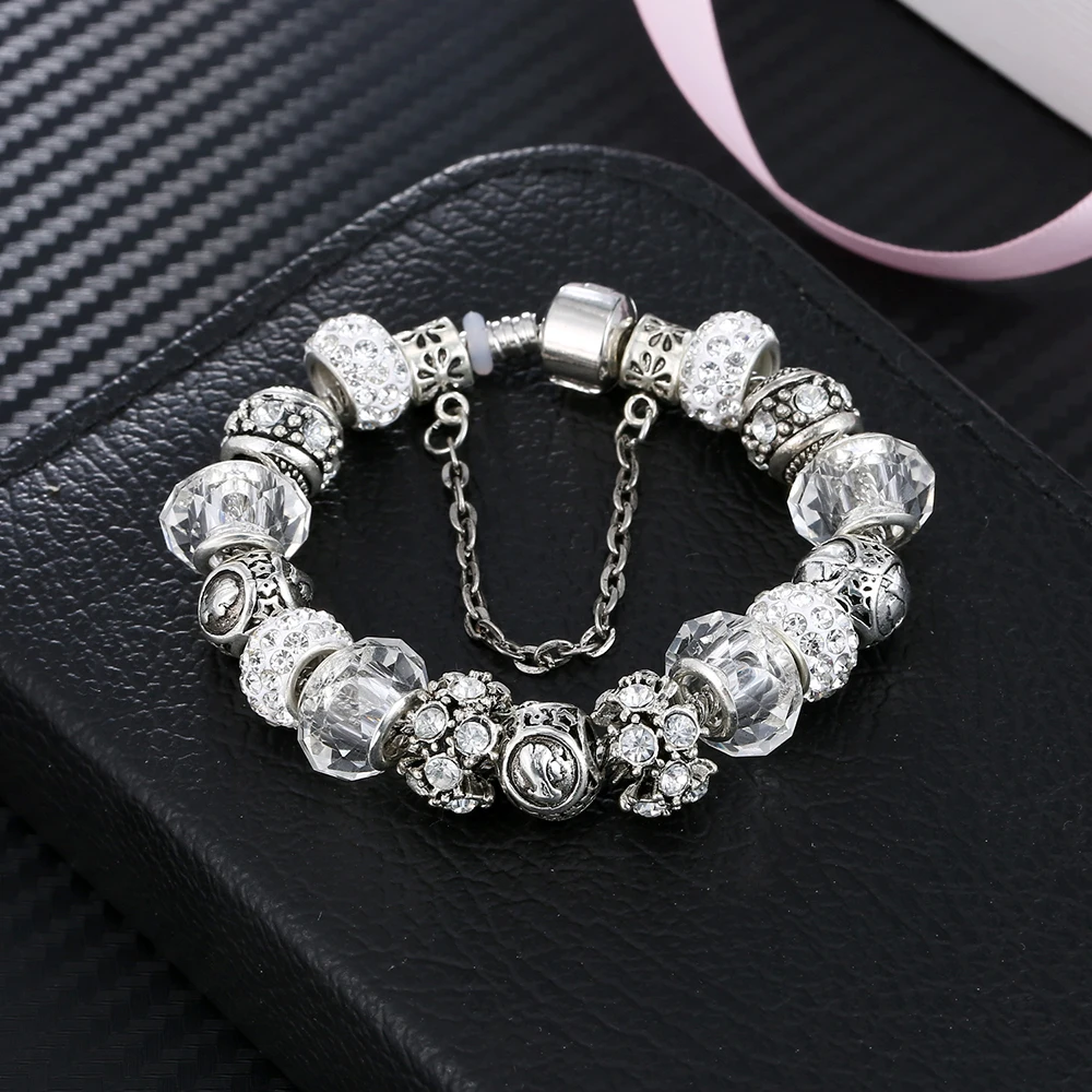 2020 New 12 Constellation Bracelet Woman Pandora Charm Crystal Glass Alloy Big Bead Bracelet Fashion Jewelry