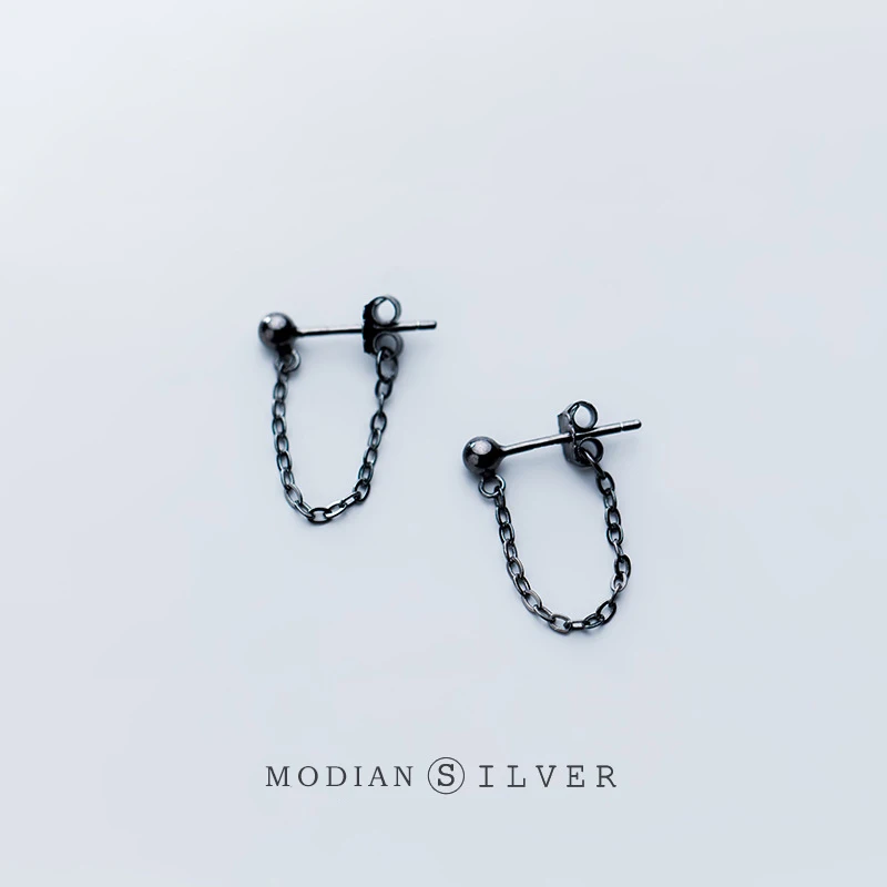 Modian Rock Punk Black Chain Stud Earrings Fashion 100% 925 Sterling Silver Bead Swing Jewelry For Women Party Classic Earring