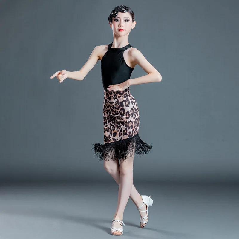 Novo meninas das crianças latina dança saia tassel latina dança vestido salsa dança vestido preto leopardo salão de dança tango saia