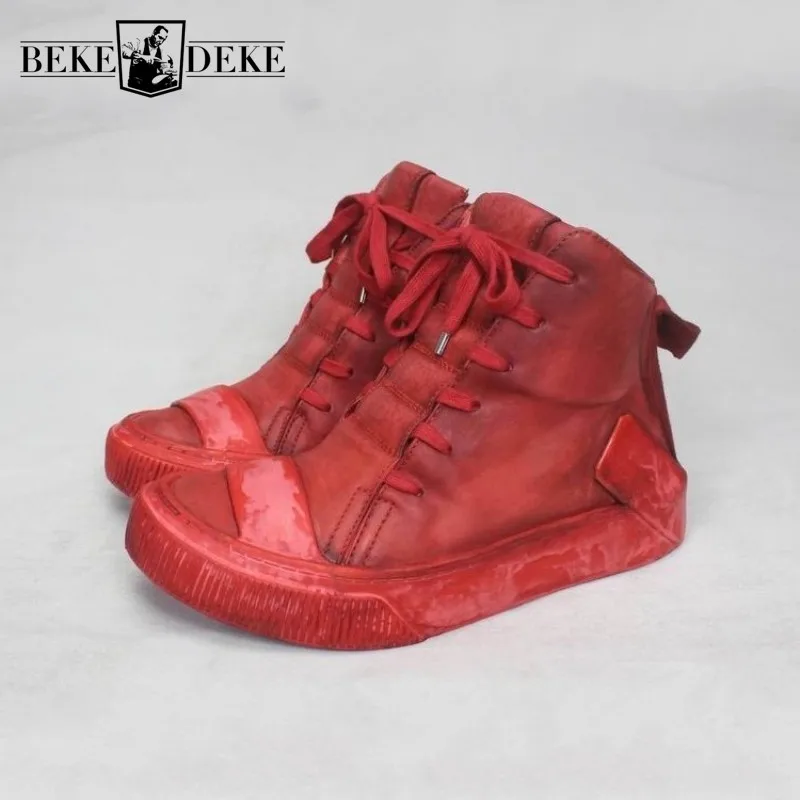 

Luxury Mens High Handmade Top Cowhide Genuine Leather Boots Lace Up Vintage Trainers Sneakers Hip Hop Casual Platform Shoes Boot