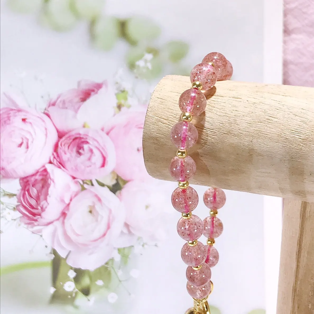 100% Real 925 Sterling Silver Beaded Strand Bracelet Lucky Day Glossy Golden Color Bead Flexible Chain with Strawberry Quartz