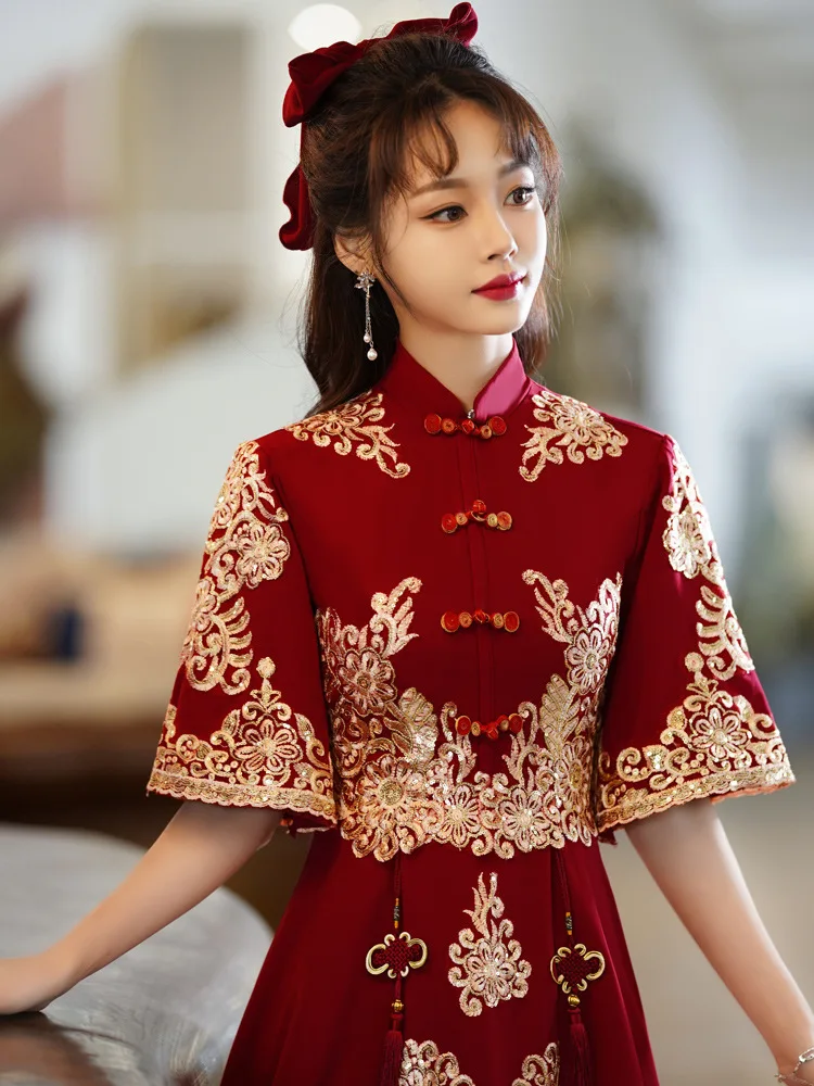 Women Burgundy Appliques Chinese Bride Wedding Prom Dress Gown Vintage Button Cheongsam Slim Half Sleeve Qipao Oversize 3xl