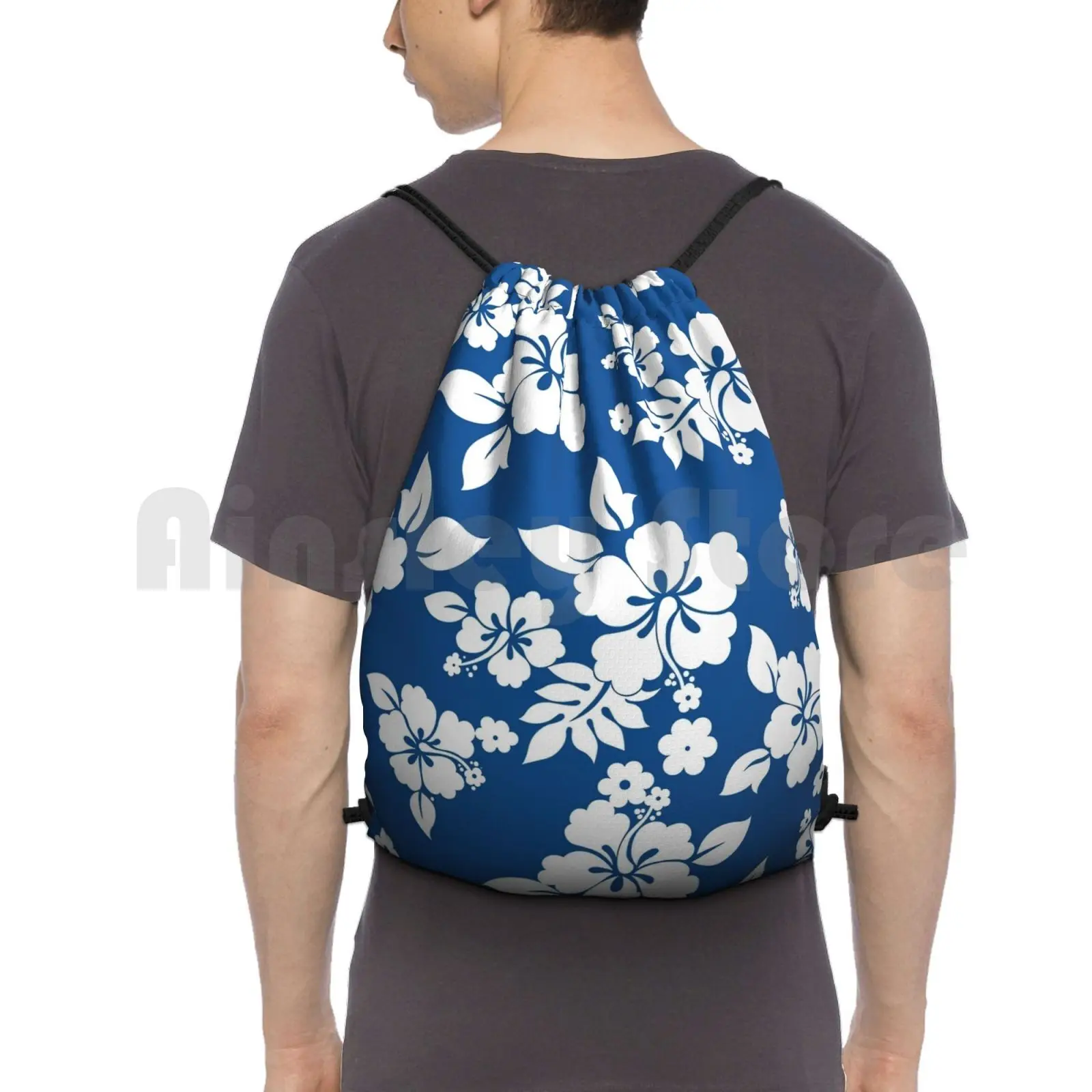 

Hawaiian Pattern-Blue Backpack Drawstring Bags Gym Bag Waterproof Blue Hawaiian Hibiscus Floral Hawaii Tropical Island