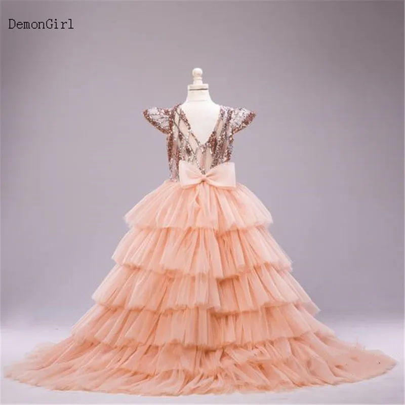 Blush Puffy Flower Girl Dress for Wedding Gold Sequined Sleeves Ruffled Layered Tulle Princess Birthday Party Pageant Gowns